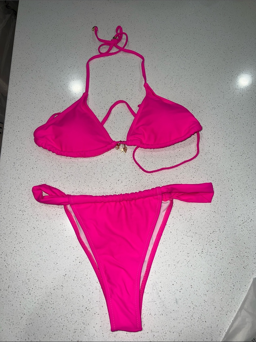 SCHUTZ Hot Pink Triangle Bikini with Gold Star Charms